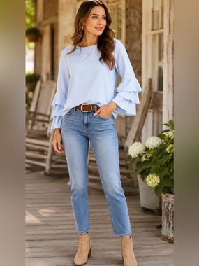 Style Dome Light Blue Ruffle Sleeve Blouse Size Small Tiered Bell Sleeve Top